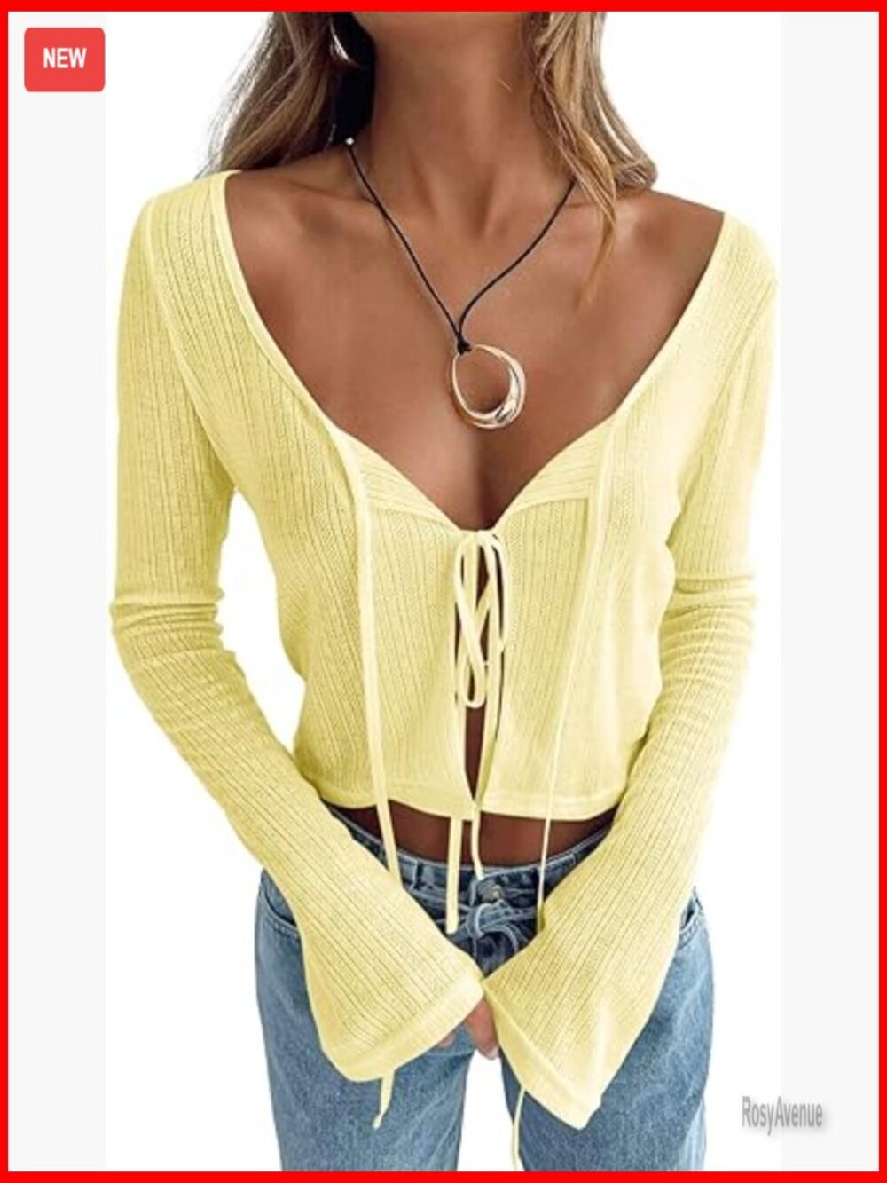 Tie Front Crop Top Bell Sleeve Scoop Neck Long Sleeve Blouse Crochet Sheer Knit